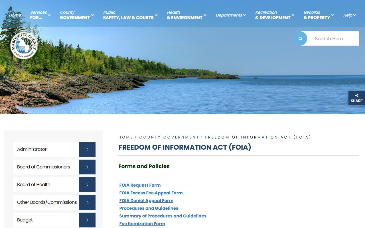 Marquette County jail mugshots FOIA request page