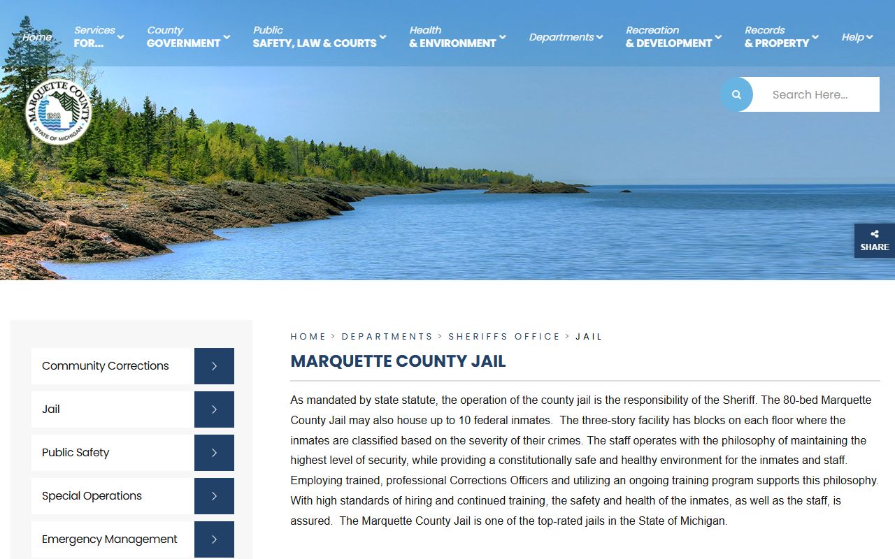 Marquette County jail services page for inmate population and bond records
