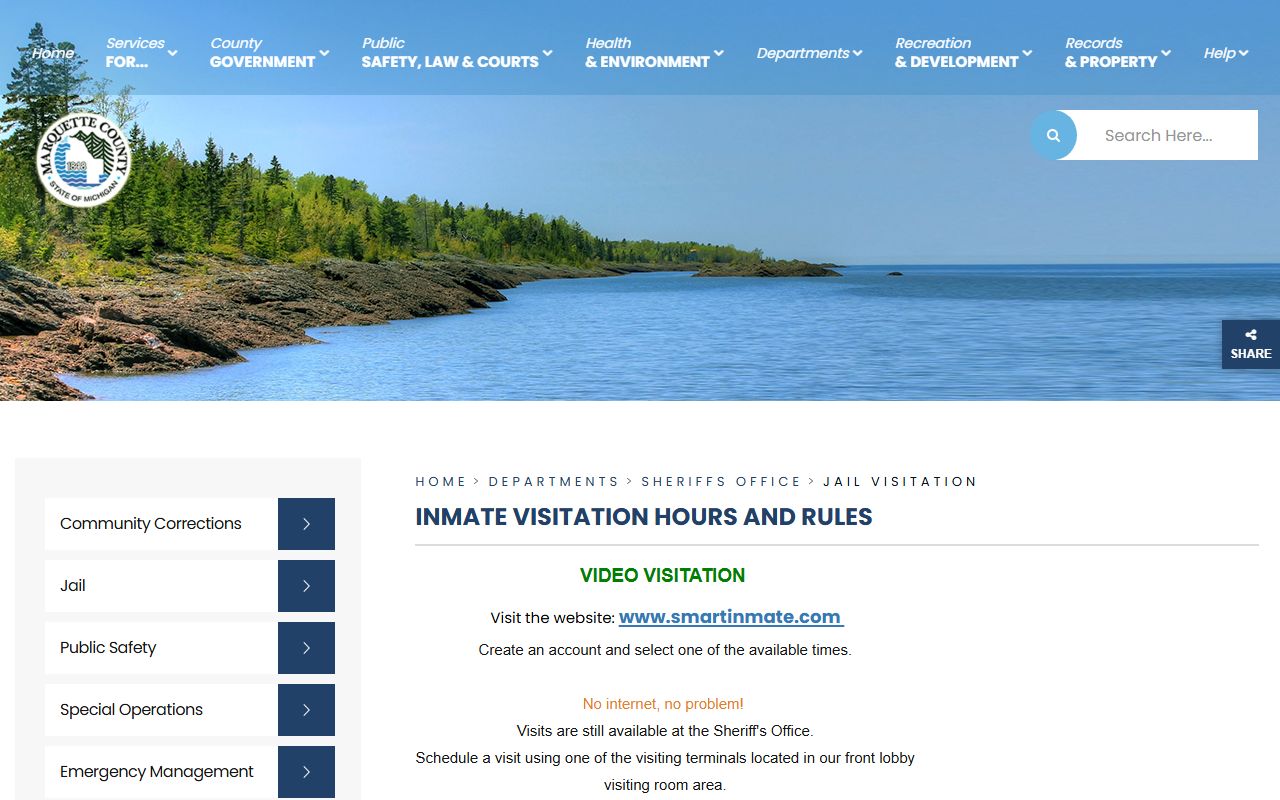 Marquette County Jail visitation schedule and SmartInmate rules