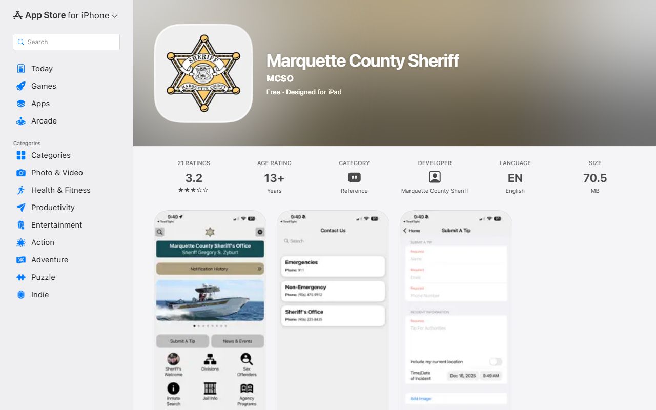 Marquette County jail mugshots sheriff app listing