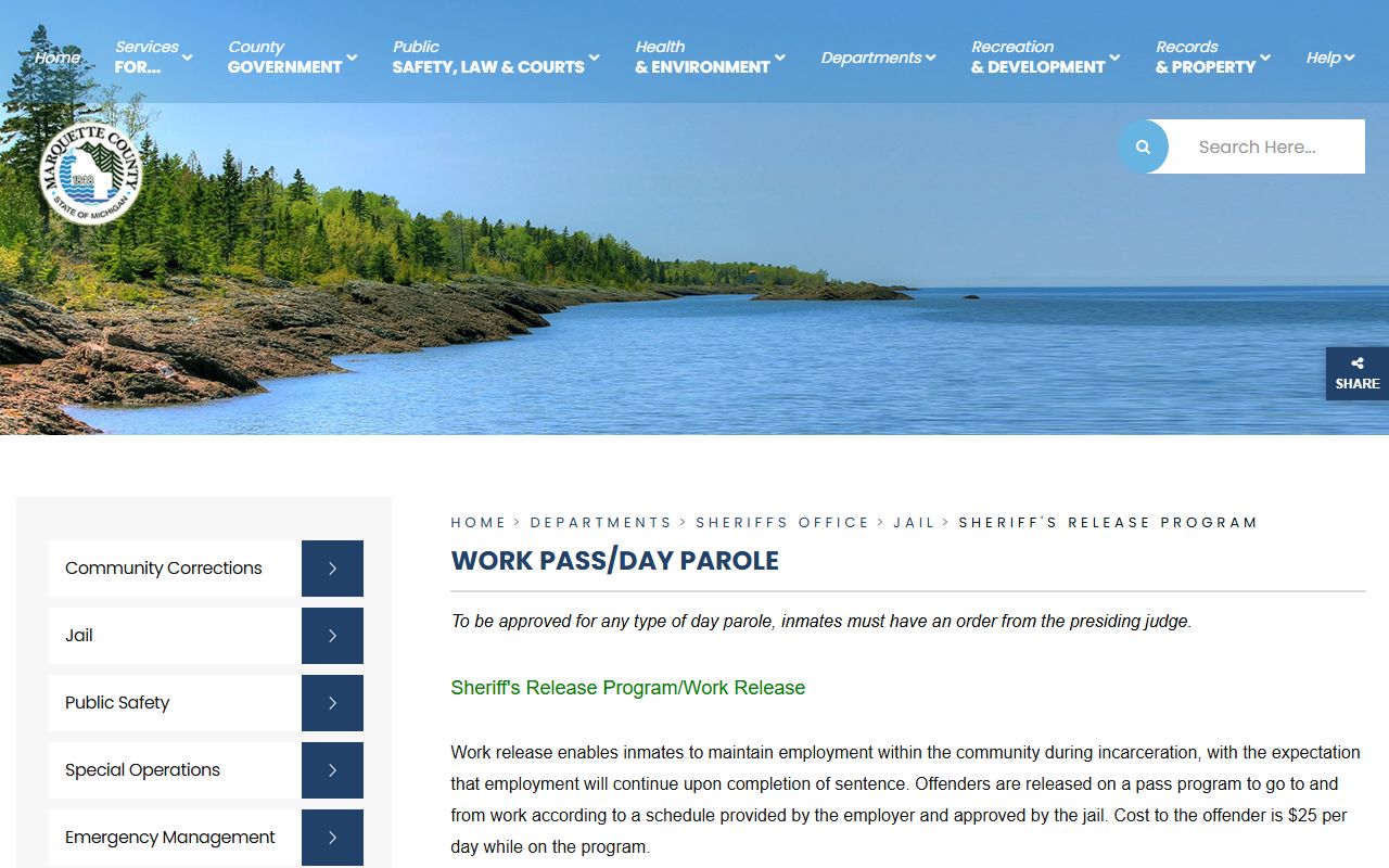 Marquette County Jail work release and day parole program page